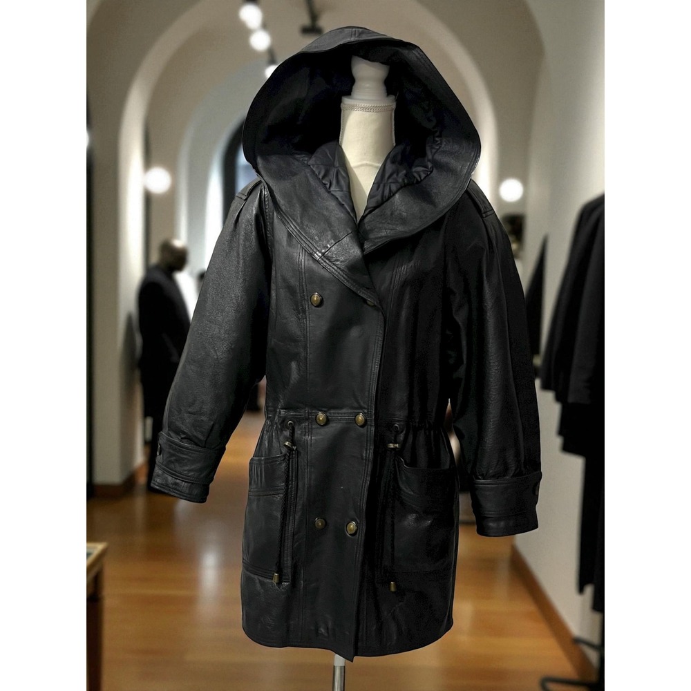 Winlit Black Genuine Leather Hooded Double Breasted Mid Length Jacket Coat M
